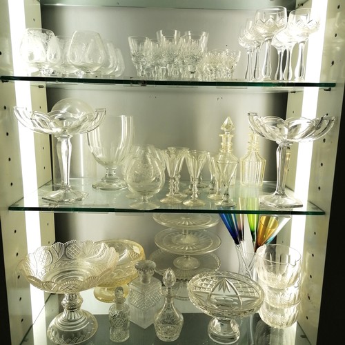 120A - Large quantity of mostly antique glassware including cake stands, 4 acid etched with courting couple... 