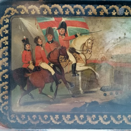 3 - Antique tole paint tin tray depicting a military scene - 62cm x 46.5 ~ signs of age & wear and has o... 