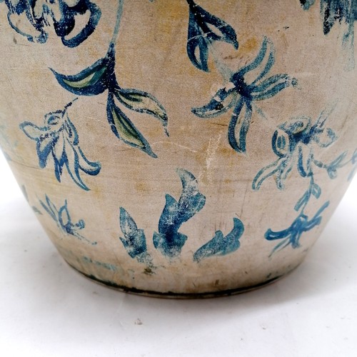 7 - Antique unusual hand painted blue floral decorated vessel with decorated border at top & bottom - 31... 