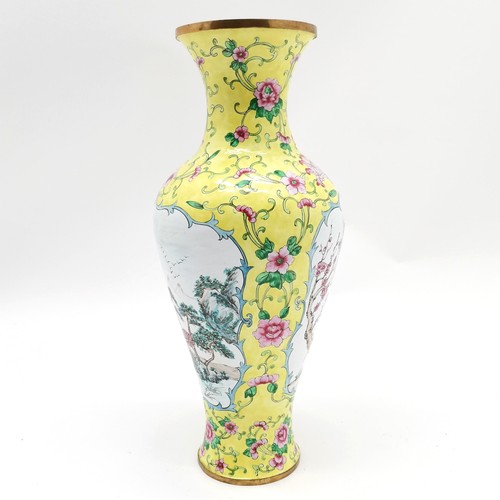 26 - Oriental Chinese cantonese yellow ground enamel vase with panels decorated with pheasants & trees - ... 