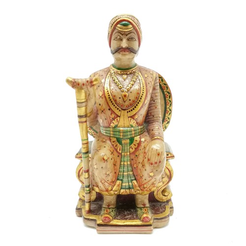 29 - Indian carved & painted marble Maharajah figure on a throne - 20cm high ~ slight loss to tip of nose