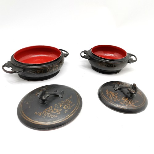 30 - 2 x black / red lacquer bowls with lids with pheasant handles (both missing heads) - largest 24cm ac... 