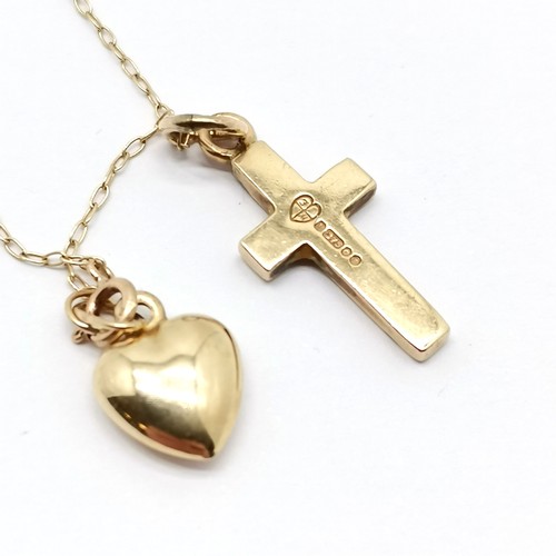 272 - 9ct gold hallmarked cross pendant, unmarked gold heart pendant on a fine 9ct gold marked chain 40cm ... 