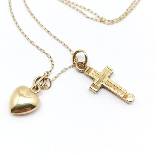 272 - 9ct gold hallmarked cross pendant, unmarked gold heart pendant on a fine 9ct gold marked chain 40cm ... 