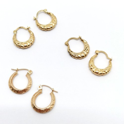 273 - 3 pairs of 9ct gold marked half hoop earrings largest 1.4cm diameter 1.9g total weight