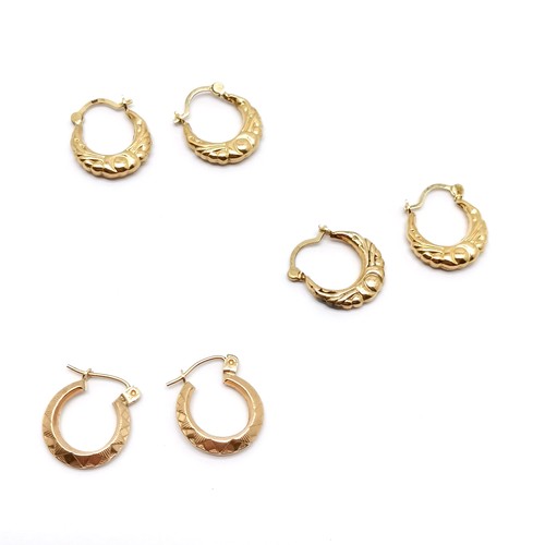 273 - 3 pairs of 9ct gold marked half hoop earrings largest 1.4cm diameter 1.9g total weight