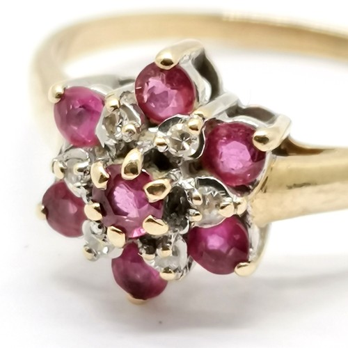 282 - 9ct gold hallmarked ruby and diamond set cluster ring size M½ 1.6g total weight