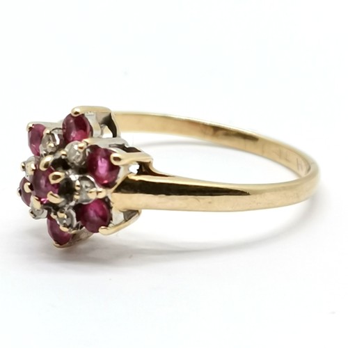 282 - 9ct gold hallmarked ruby and diamond set cluster ring size M½ 1.6g total weight