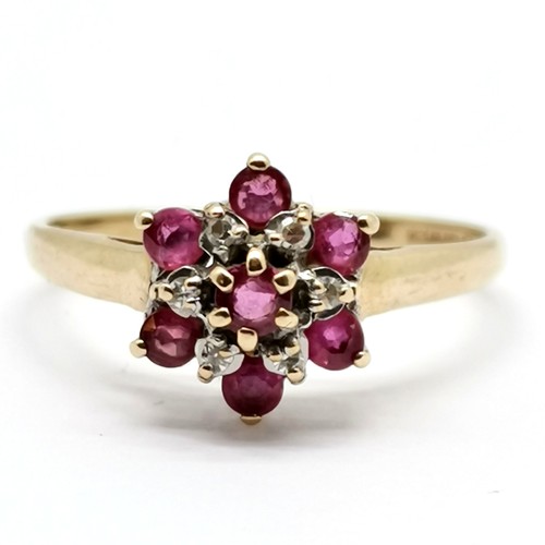 282 - 9ct gold hallmarked ruby and diamond set cluster ring size M½ 1.6g total weight