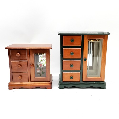 289 - 2 vintage wooden jewellery cabinets with glazed doors smallest 20cm x 21cm wide