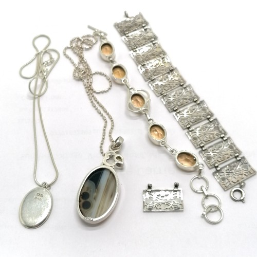 297 - 4 x silver jewellery inc filigree bracelet (+ extra panel), stone set bracelet, butterfly pendant by... 