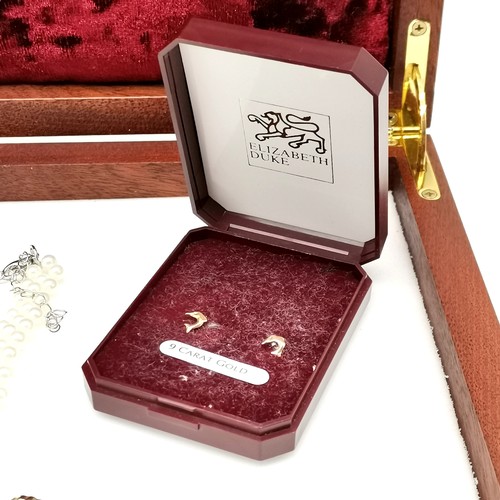 304 - Wooden and leather detail fitted jewellery box (34cm x 22.5cm) inc pair of 9ct gold dolphin earrings... 