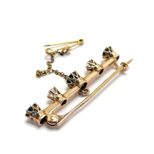 309 - Antique unmarked (touch tests as 15ct) gold diamond & sapphire bar brooch - 4cm long & 3.6g total we... 