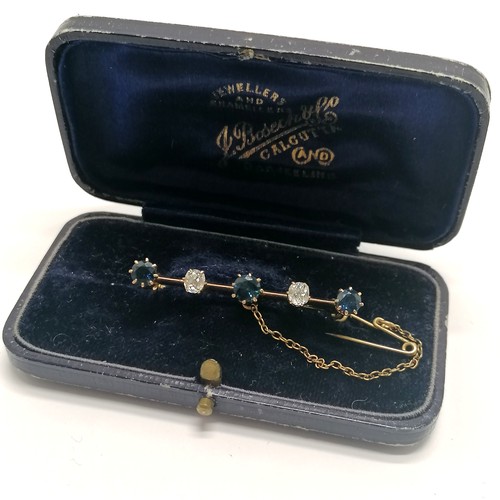 309 - Antique unmarked (touch tests as 15ct) gold diamond & sapphire bar brooch - 4cm long & 3.6g total we... 