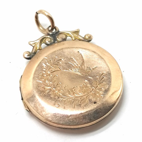 313 - 9ct gold front & back antique locket with engraved bird detail - 2.8cm drop & 4g total weight ~ 1 si... 