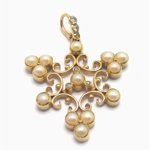 323 - Antique unmarked gold diamond / pearl set pendant - 3.5cm drop & 4.3g total weight