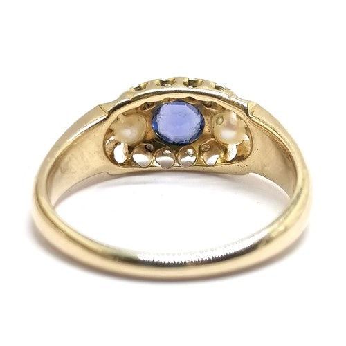 325 - 14ct marked gold sapphire / diamond / pearl set ring - size O & 3.9g total weight ~ sapphire has wea... 