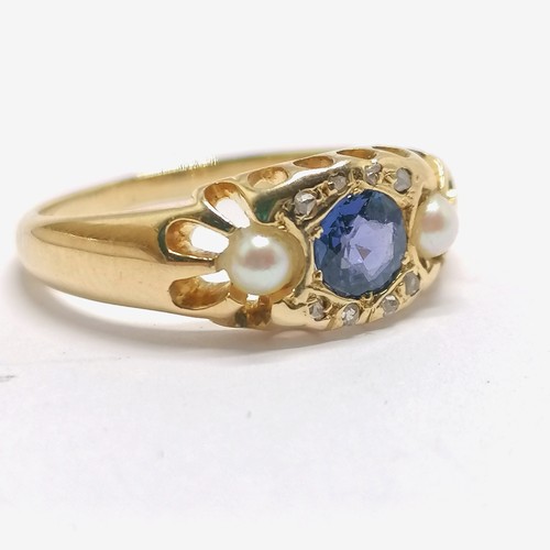 325 - 14ct marked gold sapphire / diamond / pearl set ring - size O & 3.9g total weight ~ sapphire has wea... 