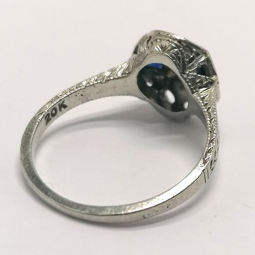 332 - Art Deco white gold ring set with diamond & triangular blue stones - size K½ & 2.7g total weight