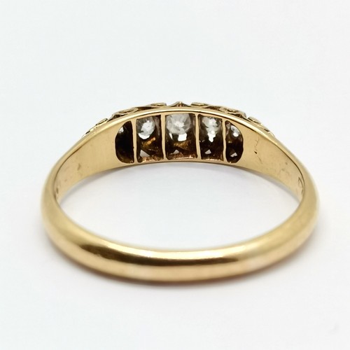 338 - Antique 18ct hallmarked gold 5 stone diamond ring with tooled sides - size Q½ & 3.8g total weight