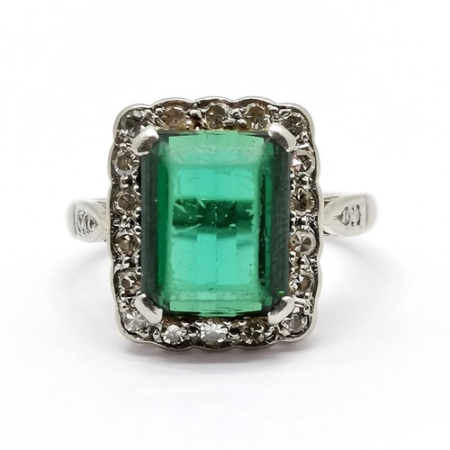 339 - 18ct & platinum diamond & green tourmaline cluster ring with diamond set shoulders - size M½ & 5g to... 