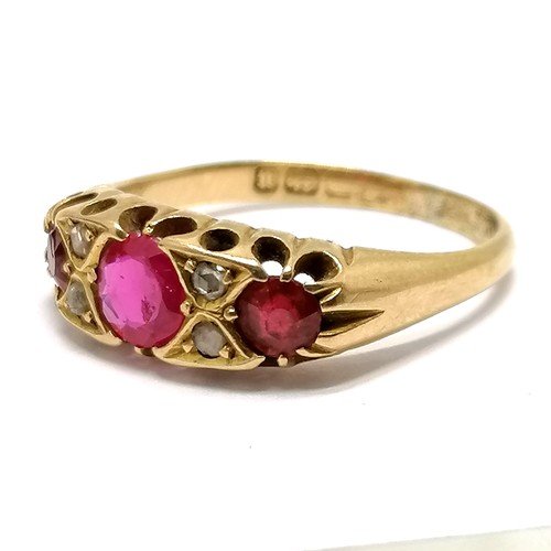 424 - Antique 18ct hallmarked gold ruby (& red stone) & diamond ring - size M & 3.4g total weight ~ wear t... 