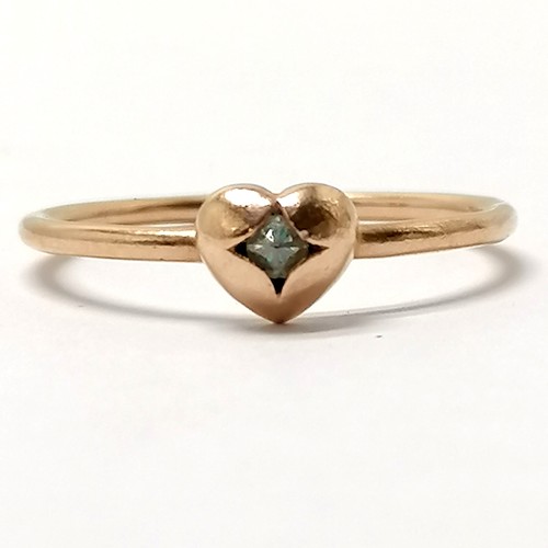 433 - 14ct hallmarked rose gold heart ring set with a diamond 14ct - ring size O½ & 1.7g total weight