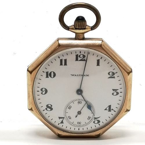 444 - Waltham Art Deco pocket watch in a gold plated Elgin octagonal case with engraved detail to reverse ... 