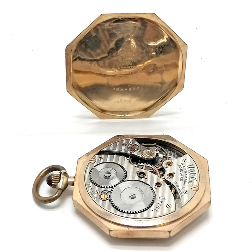 444 - Waltham Art Deco pocket watch in a gold plated Elgin octagonal case with engraved detail to reverse ... 