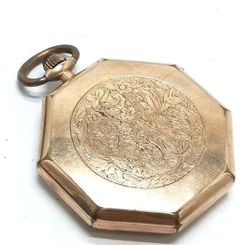 444 - Waltham Art Deco pocket watch in a gold plated Elgin octagonal case with engraved detail to reverse ... 