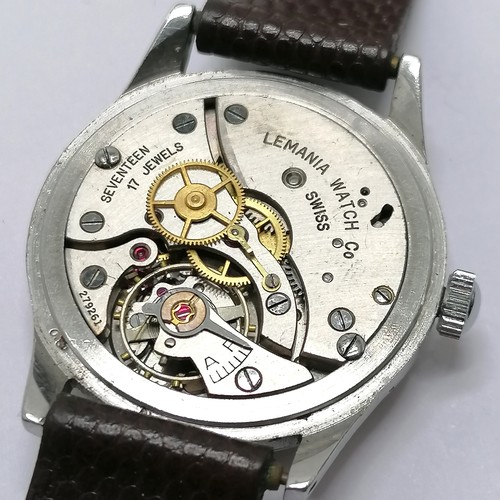 451 - Lemania stainless steel manual wind wristwatch (32mm case) on a leather strap - not running at time ... 