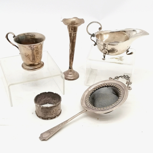 471 - Qty of silver ~ sauce boat, christening tankard, napkin ring & (loaded) spill vase - total weight (4... 