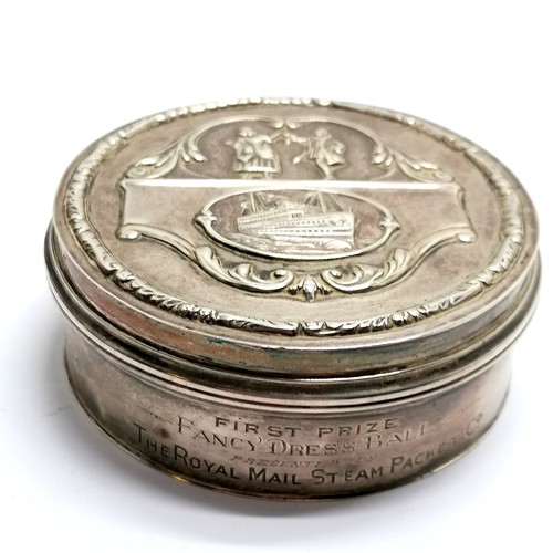 474 - 1926 Elkington & Co silver hinge lidded circular box with Royal Mail Steam Packet Co 1st prize (Fanc... 