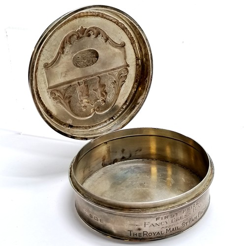 474 - 1926 Elkington & Co silver hinge lidded circular box with Royal Mail Steam Packet Co 1st prize (Fanc... 