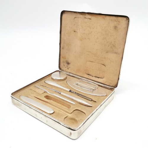 477 - Antique 1913 silver manicure set in a hallmarked silver fitted case by J Batson & Son - 15cm x 14cm ... 