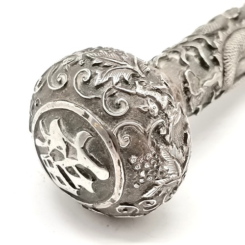 478 - Chinese unmarked silver cane / parasol handle with dragon & chinese character detail (and squirrel d... 