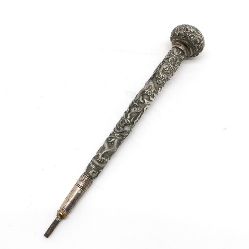 478 - Chinese unmarked silver cane / parasol handle with dragon & chinese character detail (and squirrel d... 