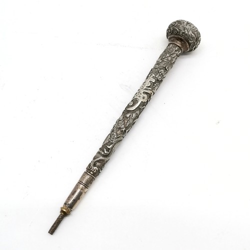 478 - Chinese unmarked silver cane / parasol handle with dragon & chinese character detail (and squirrel d... 