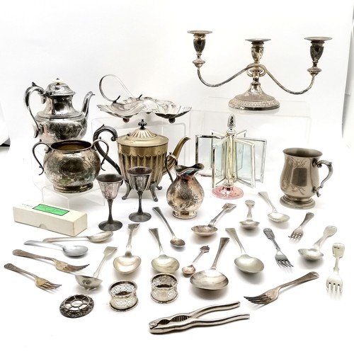 480 - Quantity of plated ware including a candelabrum, multi photograph frame cutlery etc.