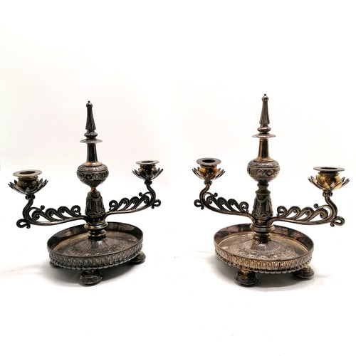 485 - Elkington unusual pair of table candelabrum #379 terminating on 4 bun feet with spire detail to cent... 