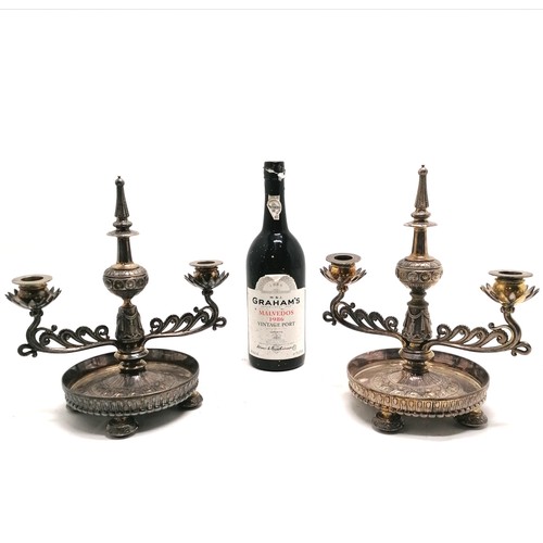 485 - Elkington unusual pair of table candelabrum #379 terminating on 4 bun feet with spire detail to cent... 