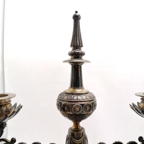 485 - Elkington unusual pair of table candelabrum #379 terminating on 4 bun feet with spire detail to cent... 