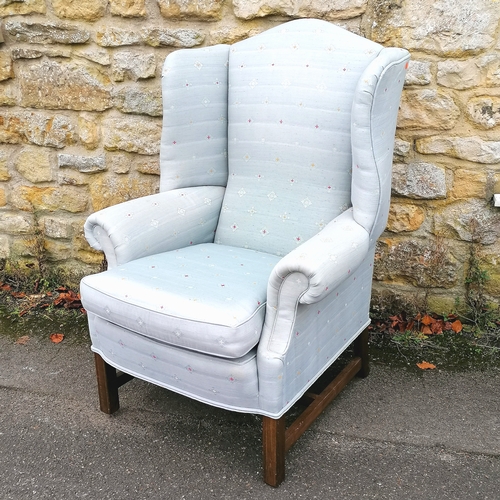 61 - Antique wing armchair upholstered in blue fabric - in good used condition - 80cm x 70cm x 104cm