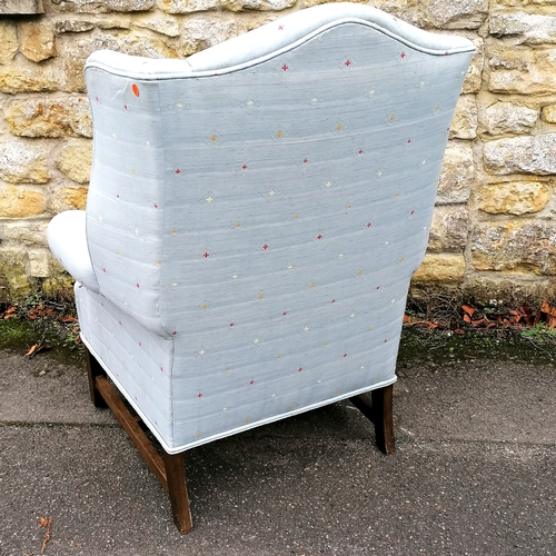 61 - Antique wing armchair upholstered in blue fabric - in good used condition - 80cm x 70cm x 104cm