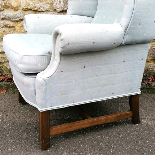 61 - Antique wing armchair upholstered in blue fabric - in good used condition - 80cm x 70cm x 104cm