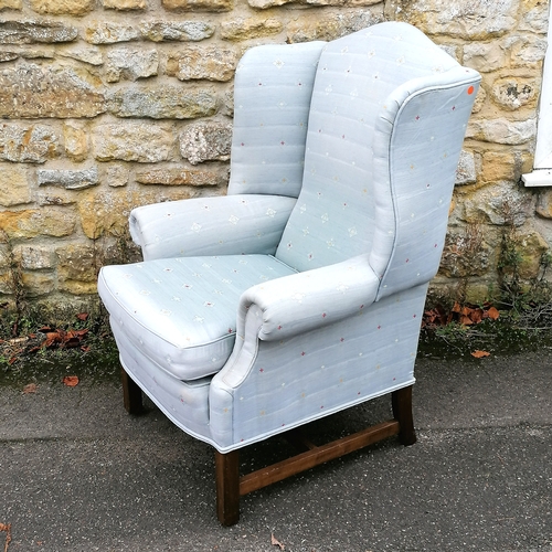 61 - Antique wing armchair upholstered in blue fabric - in good used condition - 80cm x 70cm x 104cm