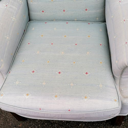 61 - Antique wing armchair upholstered in blue fabric - in good used condition - 80cm x 70cm x 104cm