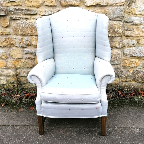 61 - Antique wing armchair upholstered in blue fabric - in good used condition - 80cm x 70cm x 104cm