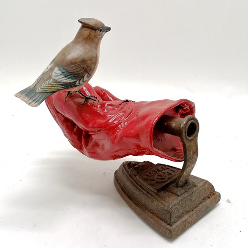 72 - Contemporary sculpture of a bird (waxwing) resting on a gardening glove eyeing up a beetle with an a... 