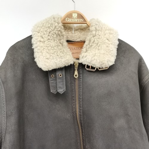 76 - Brown leather aviator style bomber jacket with lambs wool shearing - size XXXL - in used but good co... 